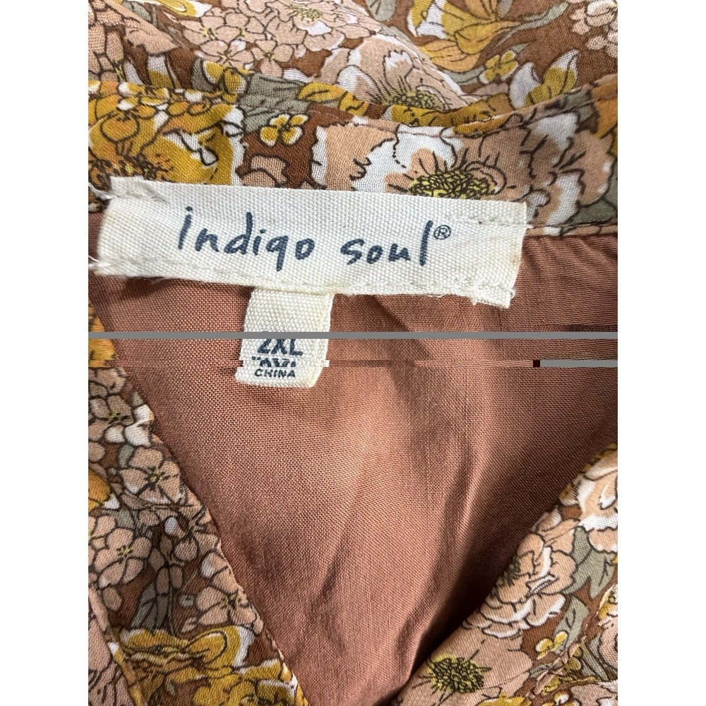 Indigo Soul Dress Women's 2XL Brown Yellow Floral Boho Short Babydoll Hippie - Picture 13 of 13